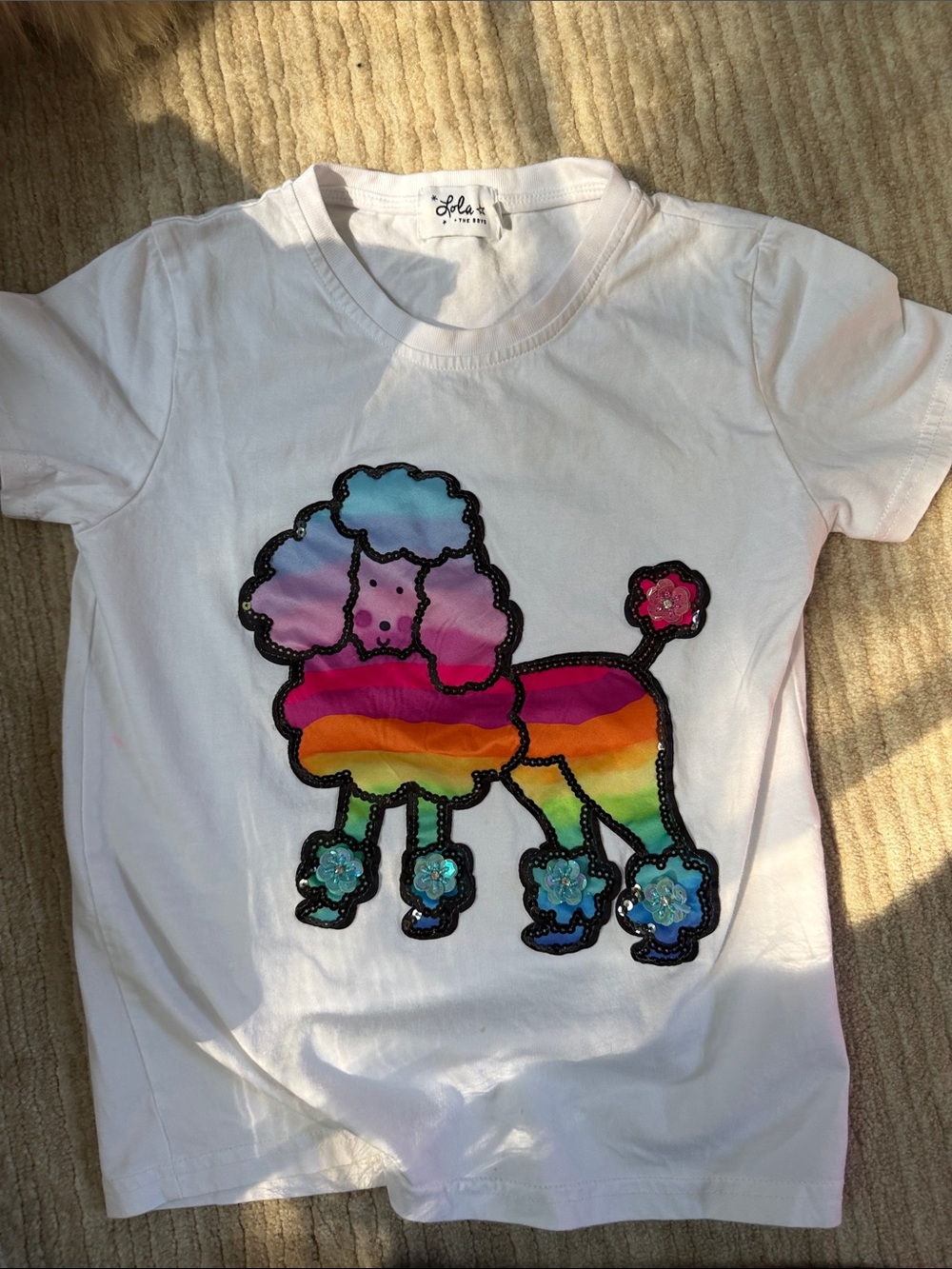 Lola + The Boys White Tee with Rainbow Poodle Applique